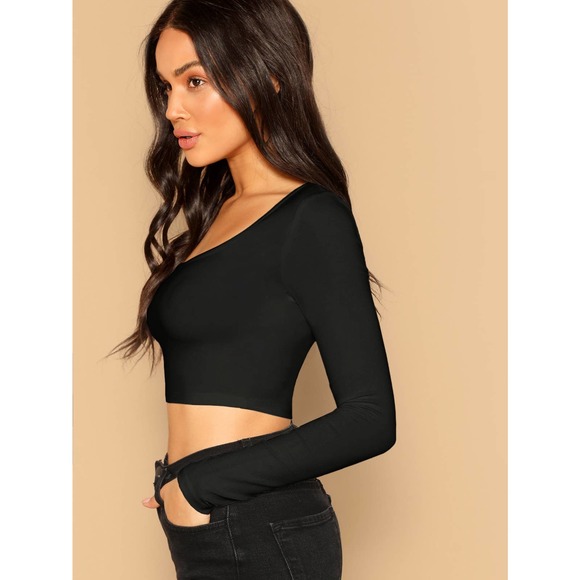 scoop neck long sleeve Fitted crop Top y2k black - Picture 4 of 5